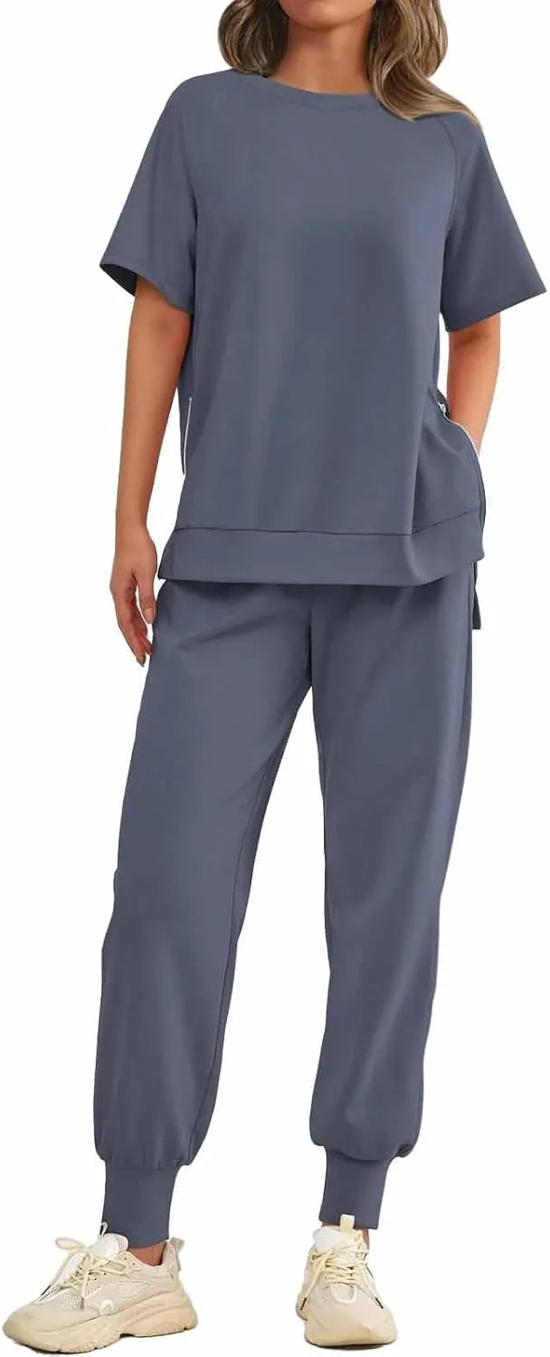 Sweatsuits Women 2 Piece Outfit Summer Lounge Sets Short Sleeve T Shirts Sweatpant Jogger Sets Workout Sets Tracksuit