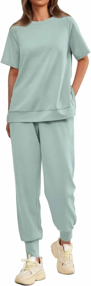 Sweatsuits Women 2 Piece Outfit Summer Lounge Sets Short Sleeve T Shirts Sweatpant Jogger Sets Workout Sets Tracksuit