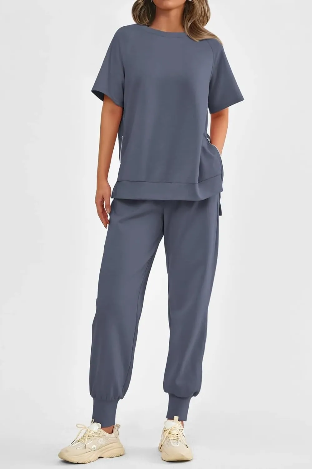 Sweatsuits Women 2 Piece Outfit Summer Lounge Sets Short Sleeve T Shirts Sweatpant Jogger Sets Workout Sets Tracksuit