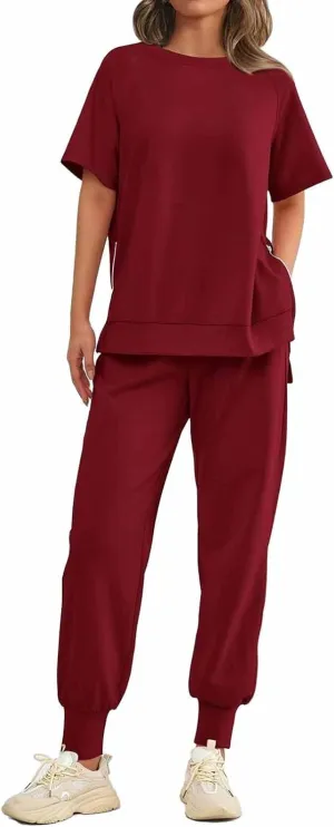 Sweatsuits Women 2 Piece Outfit Summer Lounge Sets Short Sleeve T Shirts Sweatpant Jogger Sets Workout Sets Tracksuit