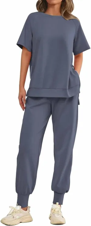 Sweatsuits Women 2 Piece Outfit Summer Lounge Sets Short Sleeve T Shirts Sweatpant Jogger Sets Workout Sets Tracksuit