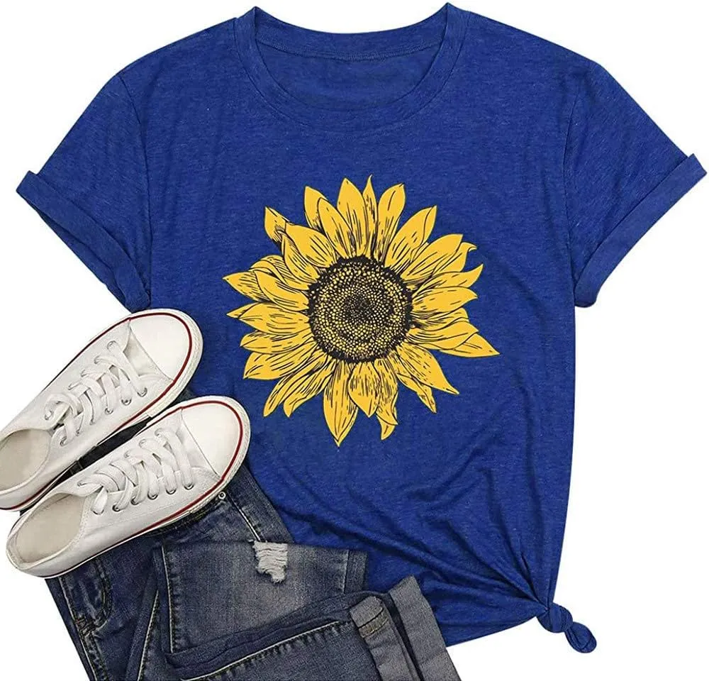 T Shirts for Women V Neck Slim Fit Flowers Print Shirt Floral Wildflowers Graphic Tees Casual Short Sleeve T Shirts