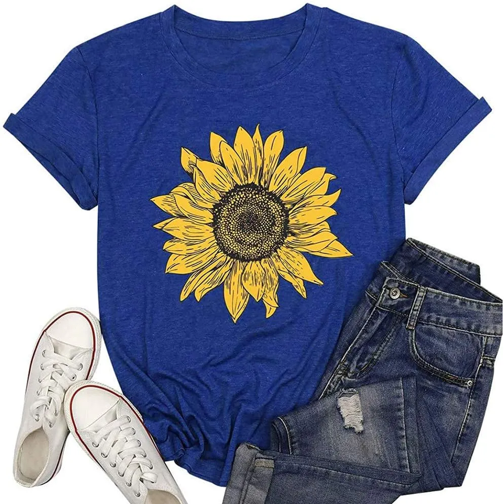 T Shirts for Women V Neck Slim Fit Flowers Print Shirt Floral Wildflowers Graphic Tees Casual Short Sleeve T Shirts