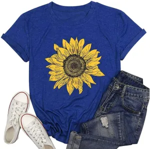 T Shirts for Women V Neck Slim Fit Flowers Print Shirt Floral Wildflowers Graphic Tees Casual Short Sleeve T Shirts