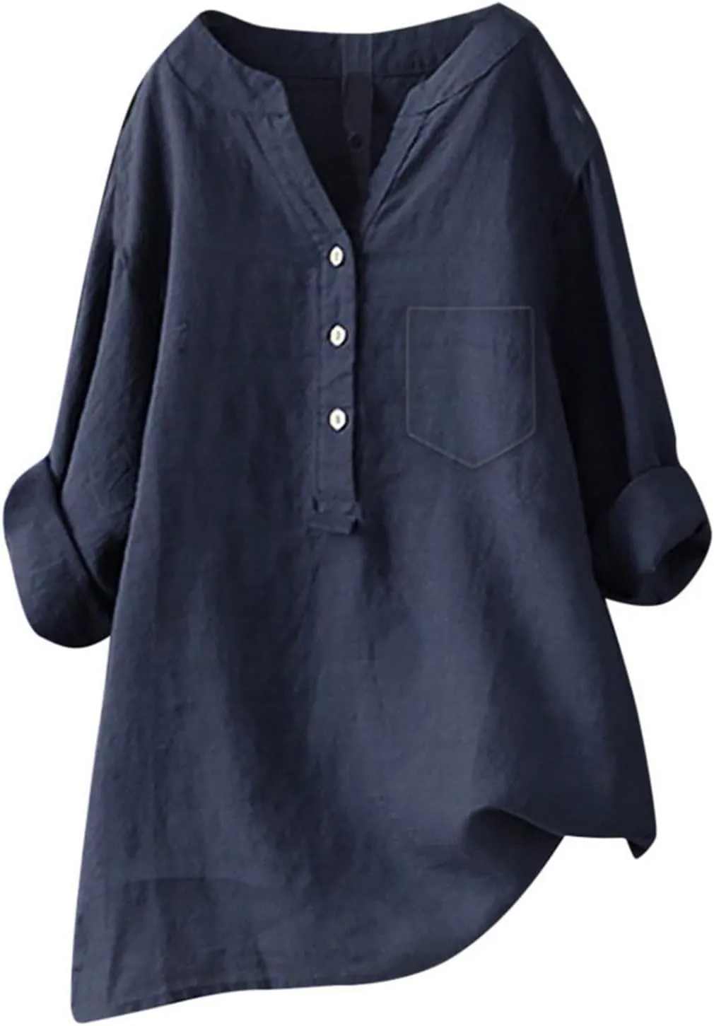 Tee Shirts for Women Loose Fit,Deals of The Day,Summer Linen Shirts for Women 2024 Casual Trendy V Neck Dressy Blouses 3/4 Length Sleeve Solid Color Button Tunic Tops,Navy,X-Large