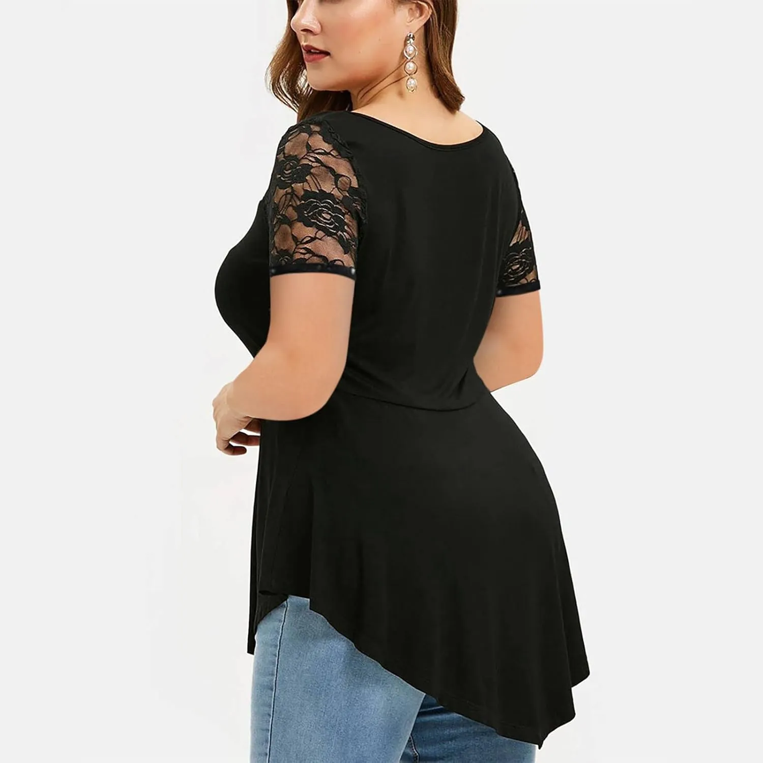Tee Shirts for Women Summer Fall Short Sleeve Crewneck Lace Floral Loose Fit Plus Size Basic Tops Shirts Women 2025