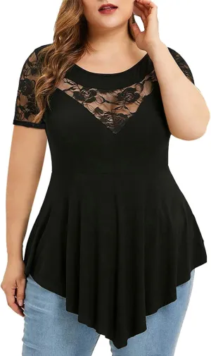 Tee Shirts for Women Summer Fall Short Sleeve Crewneck Lace Floral Loose Fit Plus Size Basic Tops Shirts Women 2025