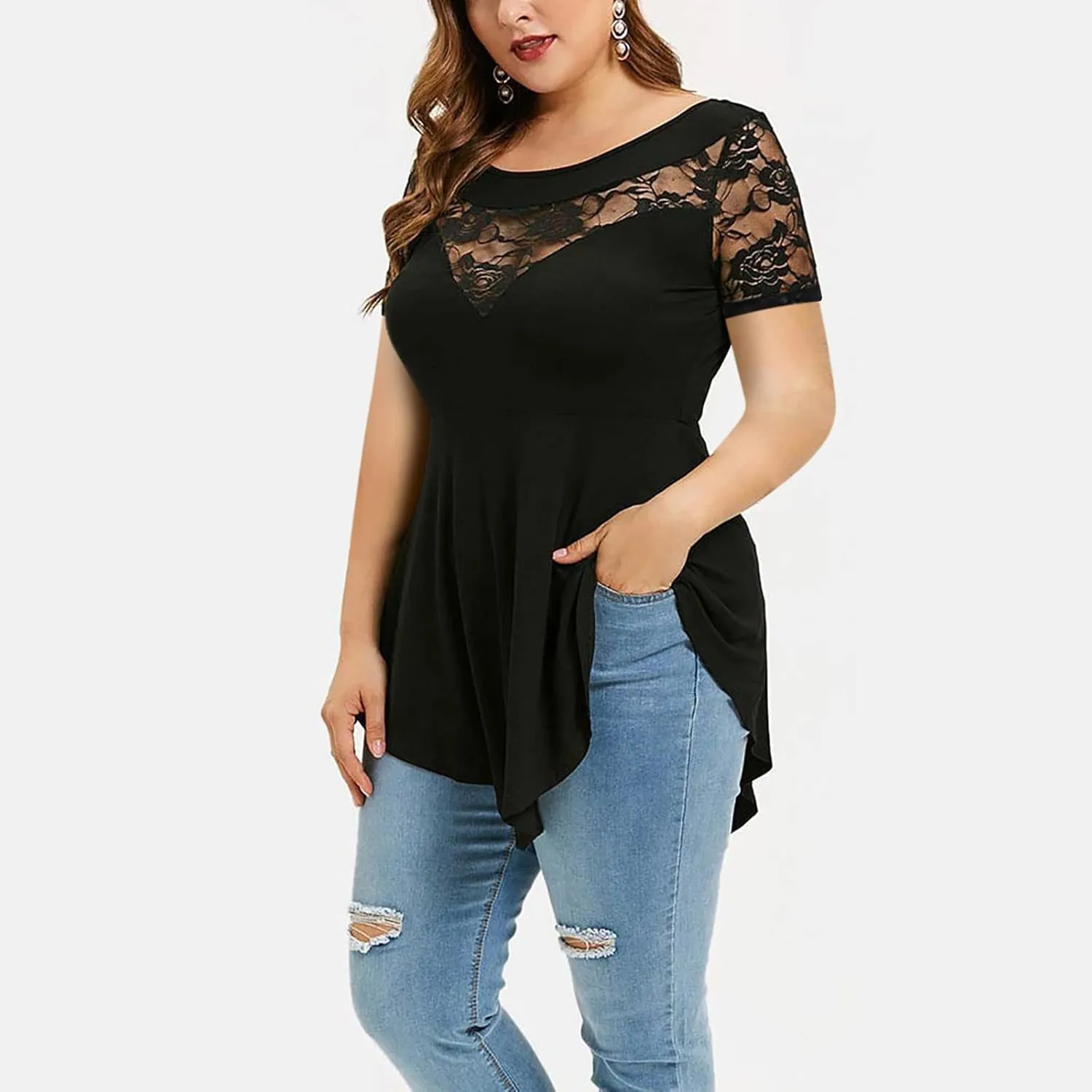 Tee Shirts for Women Summer Fall Short Sleeve Crewneck Lace Floral Loose Fit Plus Size Basic Tops Shirts Women 2025
