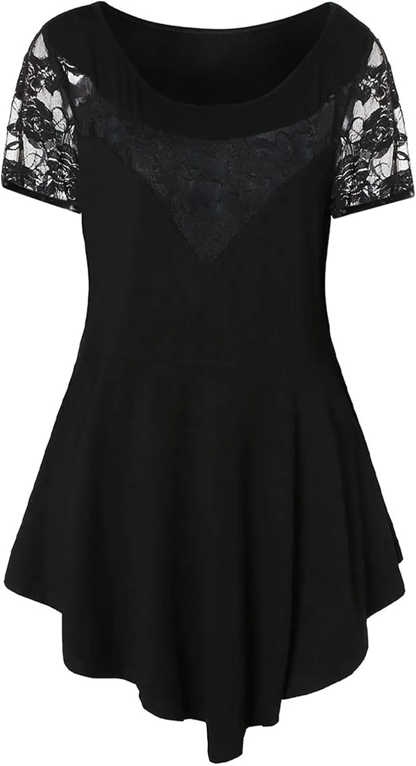 Tee Shirts for Women Summer Fall Short Sleeve Crewneck Lace Floral Loose Fit Plus Size Basic Tops Shirts Women 2025
