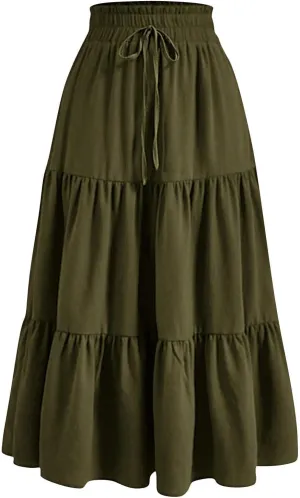 Tiered Maxi Skirts for Women High Waisted 2025 Pleated A-Line Flowy Swing Boho Skirts Wear to Beach Vacation Party