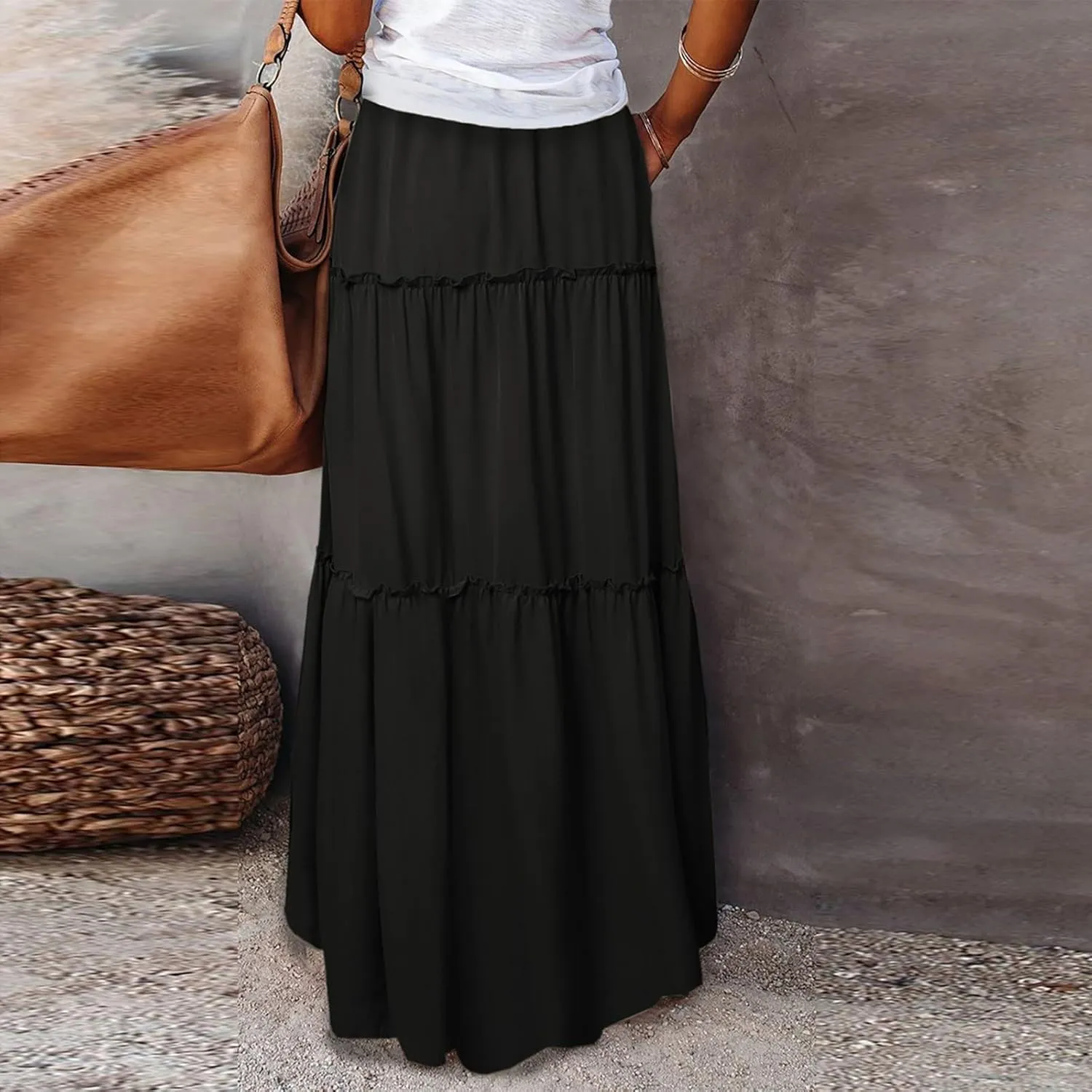 Tiered Maxi Skirts for Women Trendy Casual Elastic High Waisted Flowy Skirt Fall Fashion Ruffle Skirts