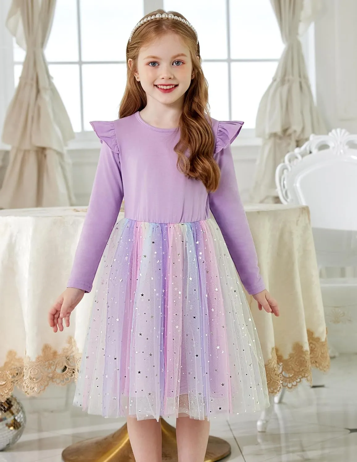 Toddler Girls Tutu Dresses Long Sleeve Ruffle Star Sequin Tulle Dress 2-6Y