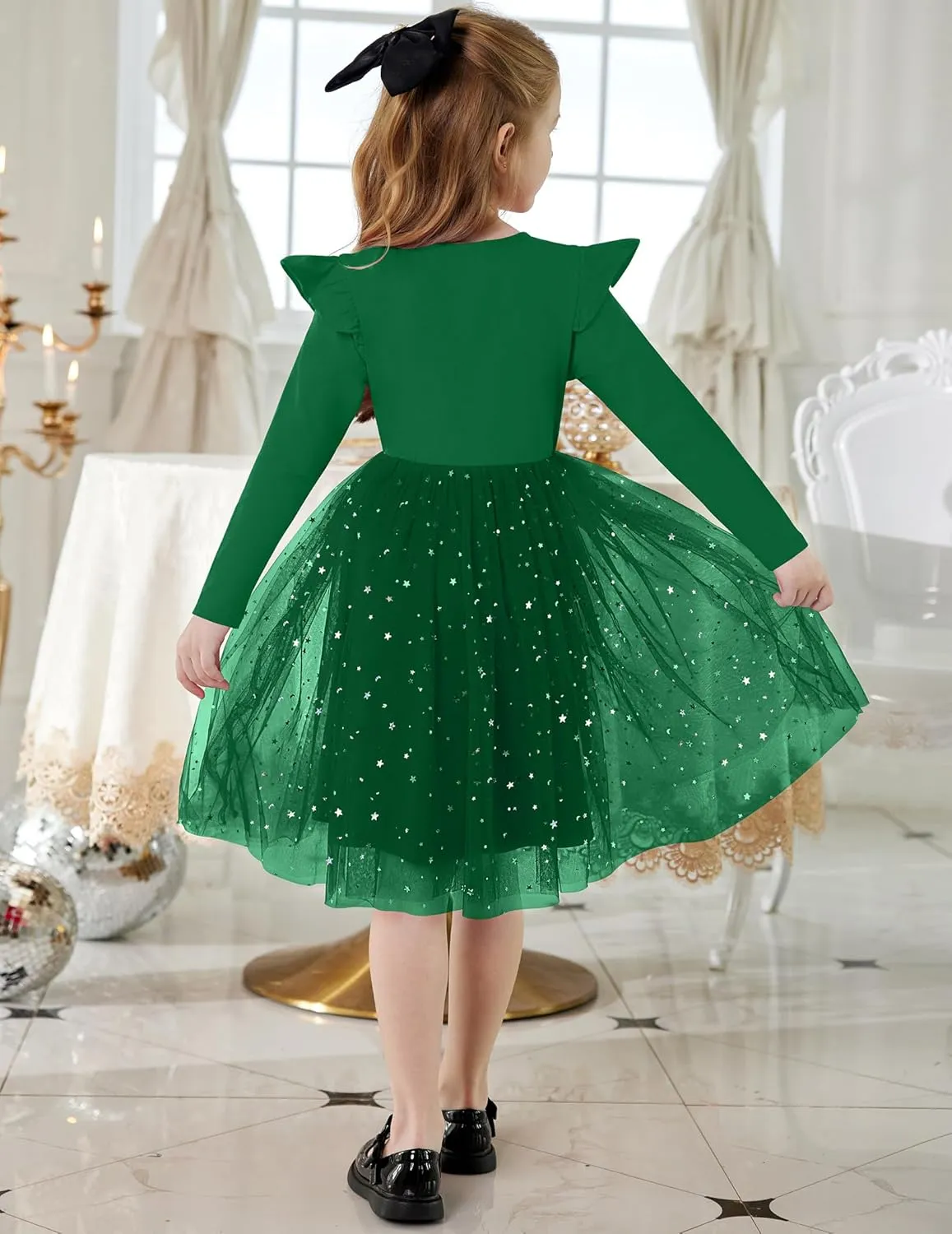 Toddler Girls Tutu Dresses Long Sleeve Ruffle Star Sequin Tulle Dress 2-6Y