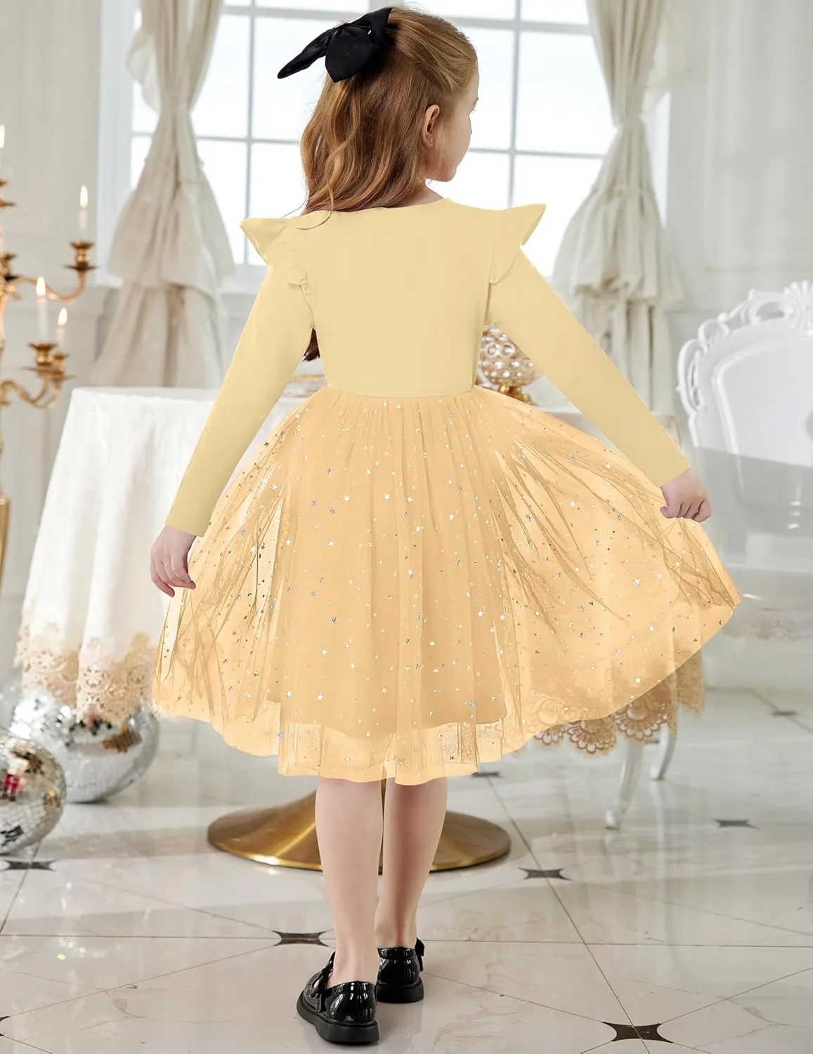 Toddler Girls Tutu Dresses Long Sleeve Ruffle Star Sequin Tulle Dress 2-6Y