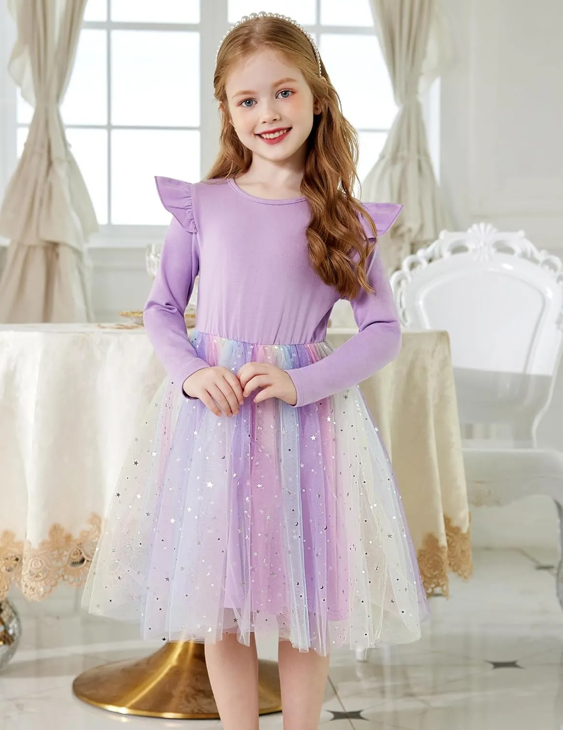 Toddler Girls Tutu Dresses Long Sleeve Ruffle Star Sequin Tulle Dress 2-6Y