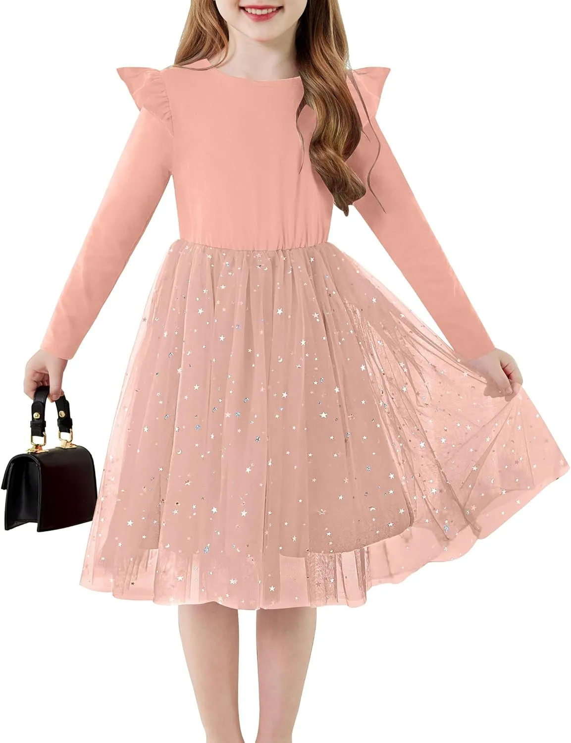 Toddler Girls Tutu Dresses Long Sleeve Ruffle Star Sequin Tulle Dress 2-6Y