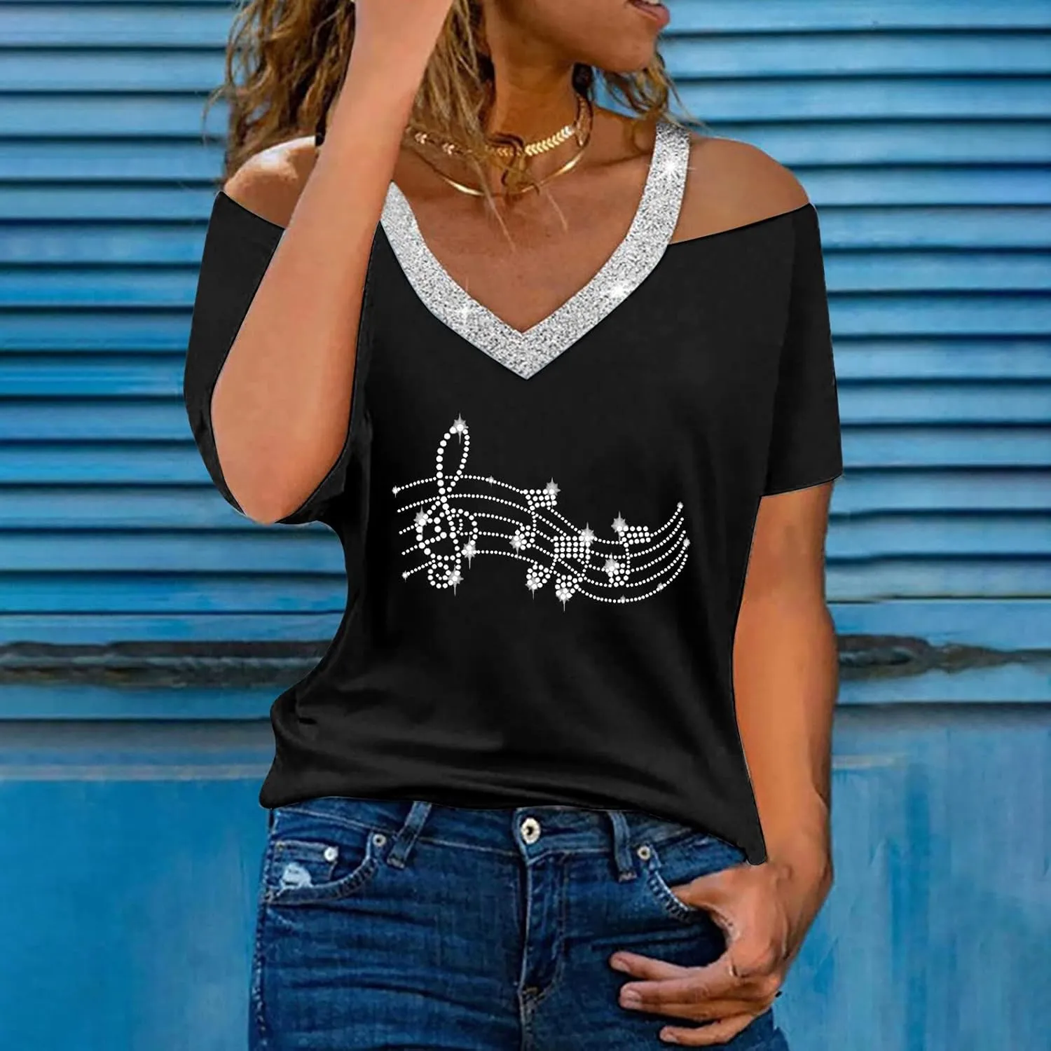 Tops for Women Fall Summer Short Sleeve Cold Shoulder Vneck Backless Halter Tops Shirt Blouses Women 2025 UT