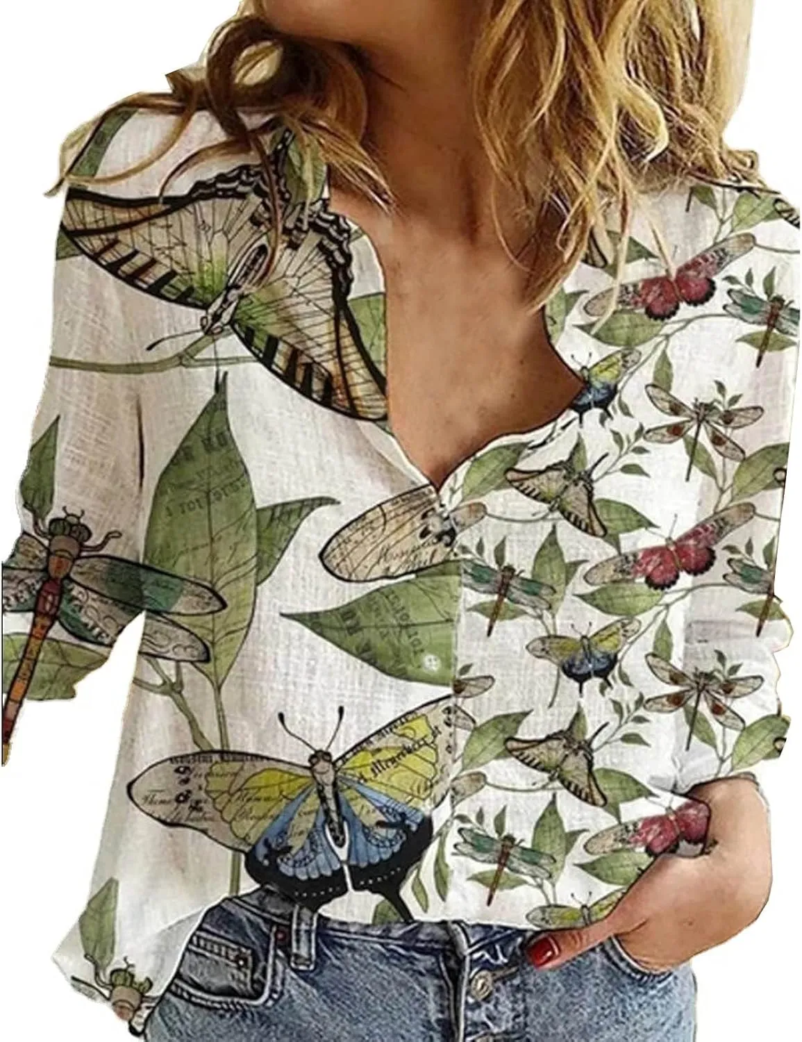 Tops for Women Lapel V Neck Mushroom Print Shirts Summer Cotton Linen Tees Shirts Long Sleeve Button Down Blouses