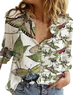 Tops for Women Lapel V Neck Mushroom Print Shirts Summer Cotton Linen Tees Shirts Long Sleeve Button Down Blouses