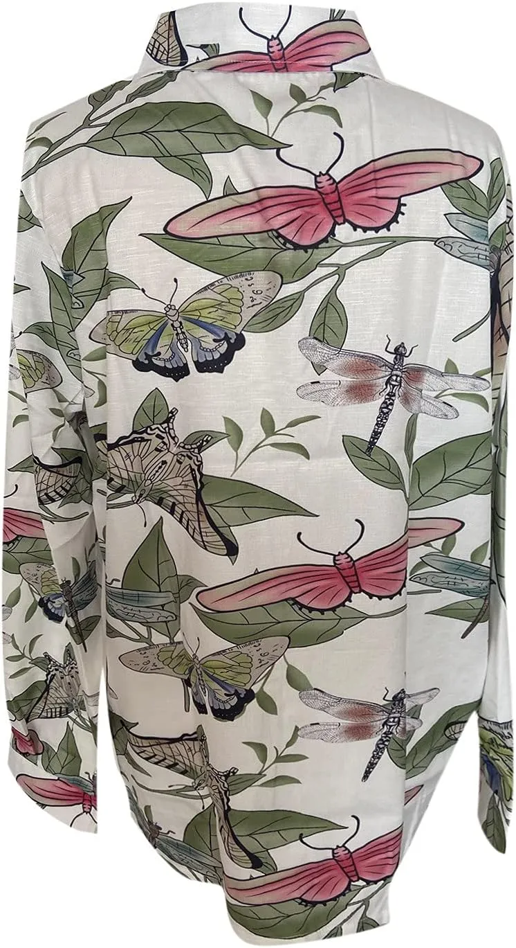 Tops for Women Lapel V Neck Mushroom Print Shirts Summer Cotton Linen Tees Shirts Long Sleeve Button Down Blouses