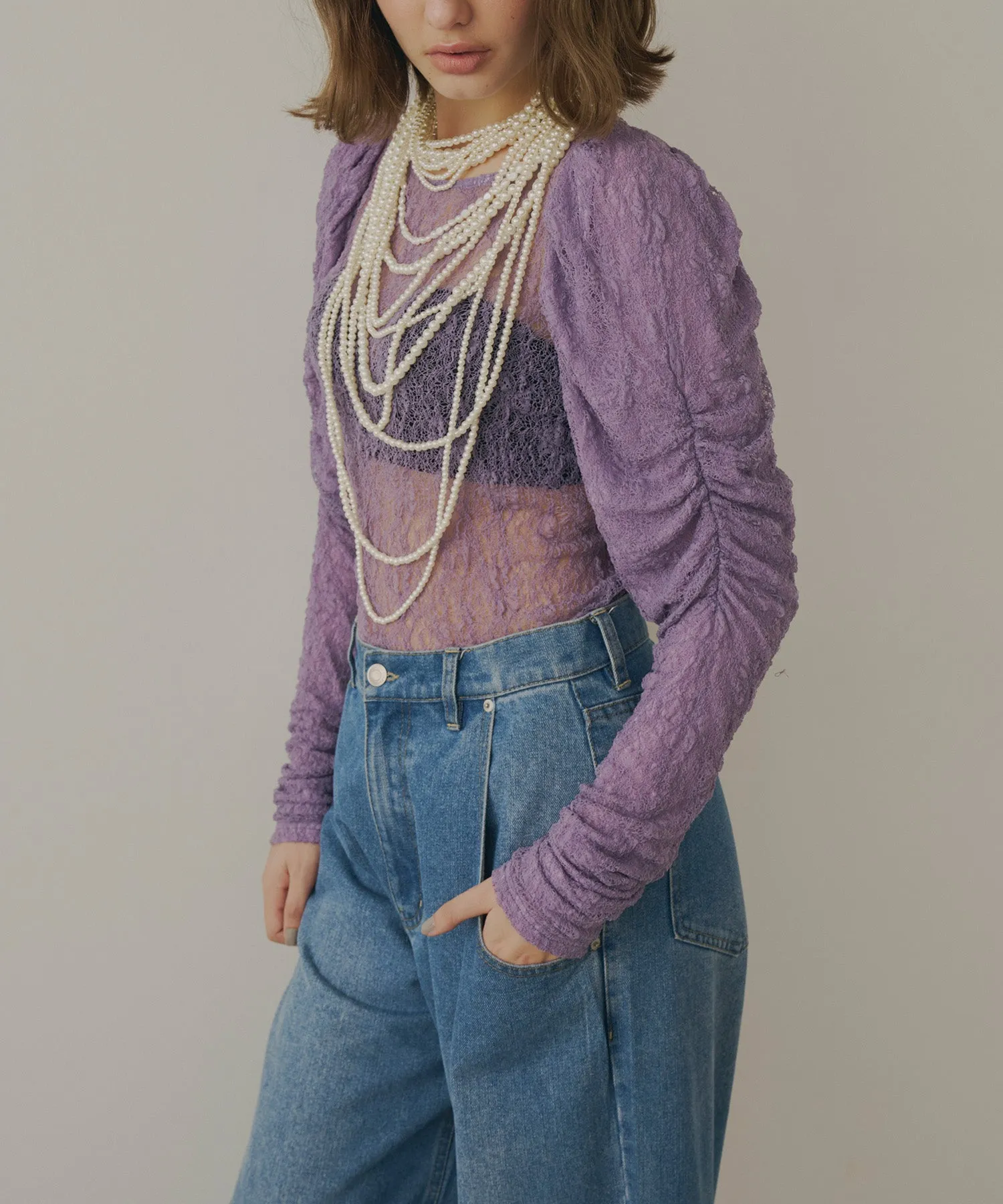 総レースデザインスリーブクルーネックTOPS