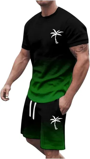 Track Suits for Men Set Short Sleeve Coconut Tree Print Gradient Shirt and Shorts 2 Piece Outfits Summer Casual Workout Sets