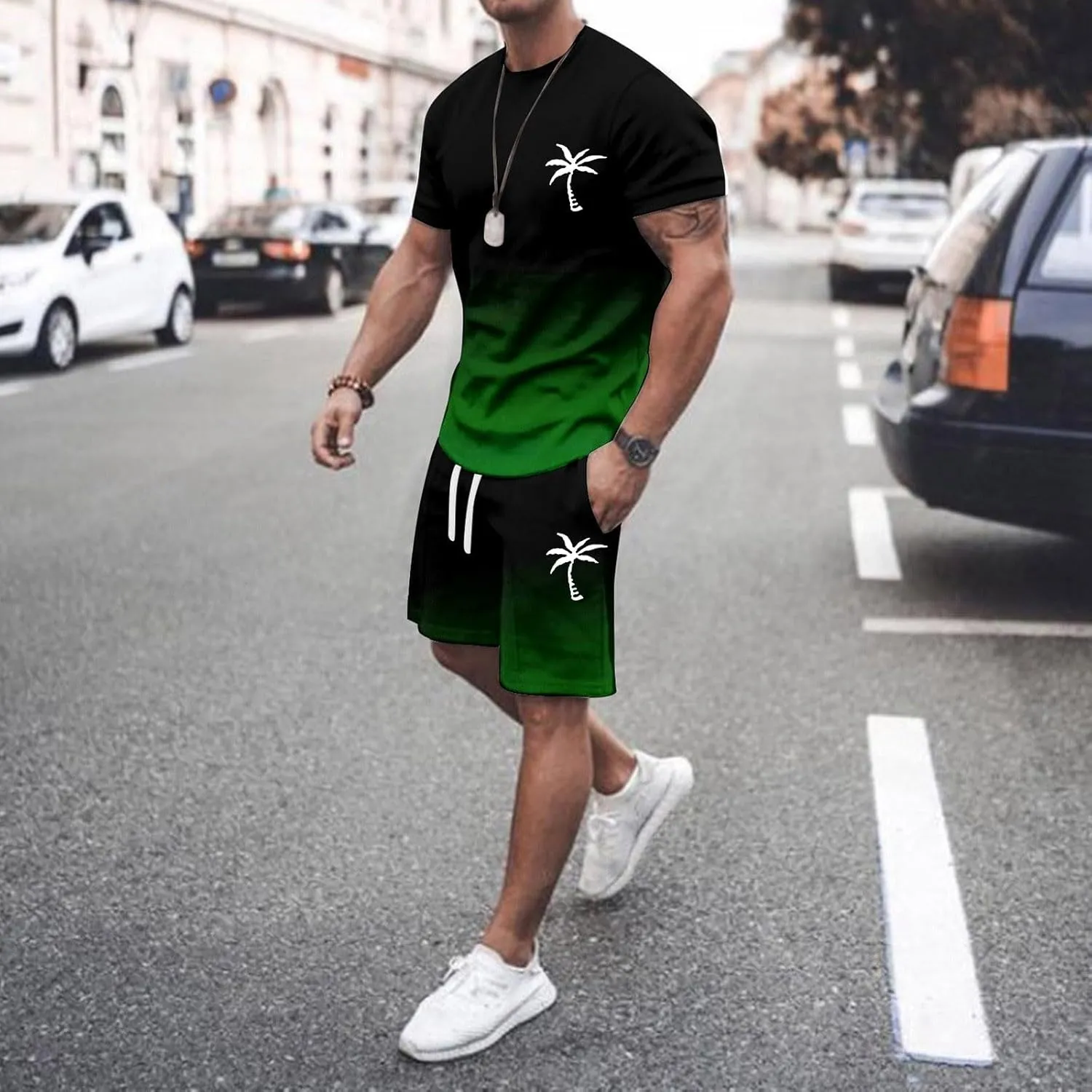 Track Suits for Men Set Short Sleeve Coconut Tree Print Gradient Shirt and Shorts 2 Piece Outfits Summer Casual Workout Sets