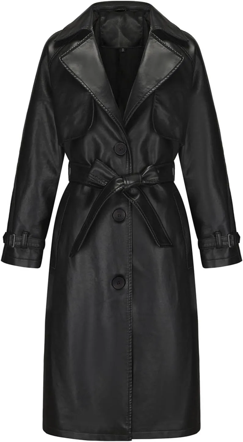 Trench Coat for Women 2024 Lapel Collar Long Leather Coats Casual Winter Windbreaker Jackets Pea Coats with Belt