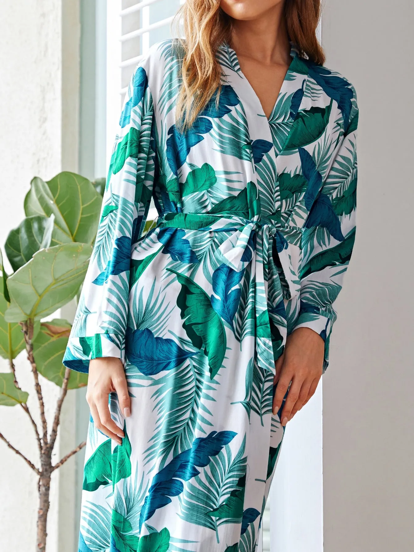 Tropical Belted Long Sleeve V Neck Women Robes