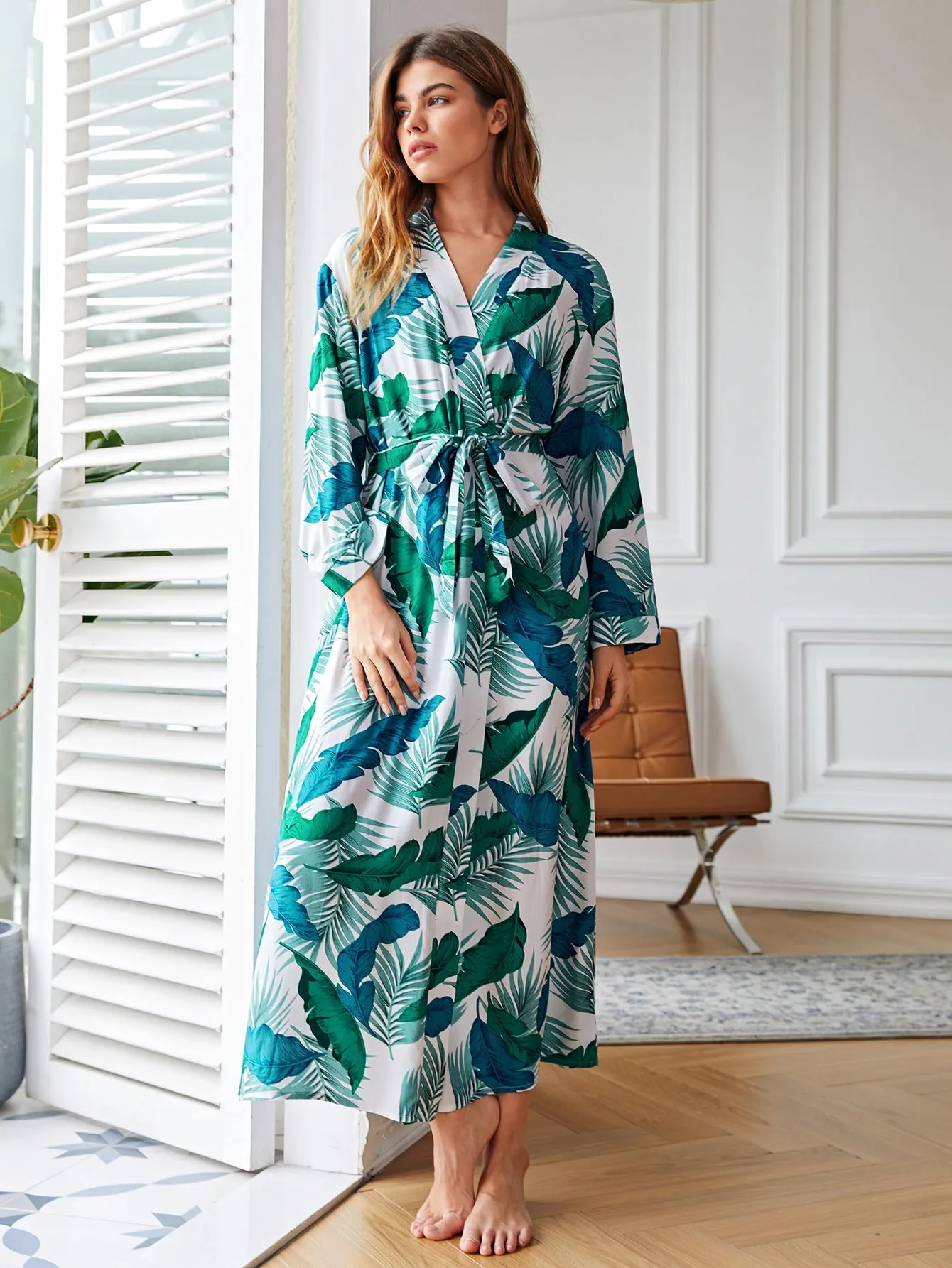 Tropical Belted Long Sleeve V Neck Women Robes