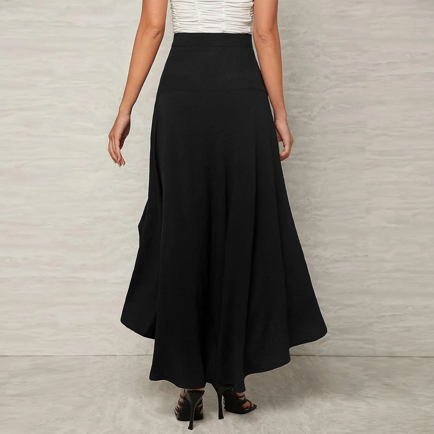 Tulle Skirts for Women Elastic Waist Asymmetrical High Low Flared Maxi Skirt Trendy Mesh Slit Party A-line Skirts