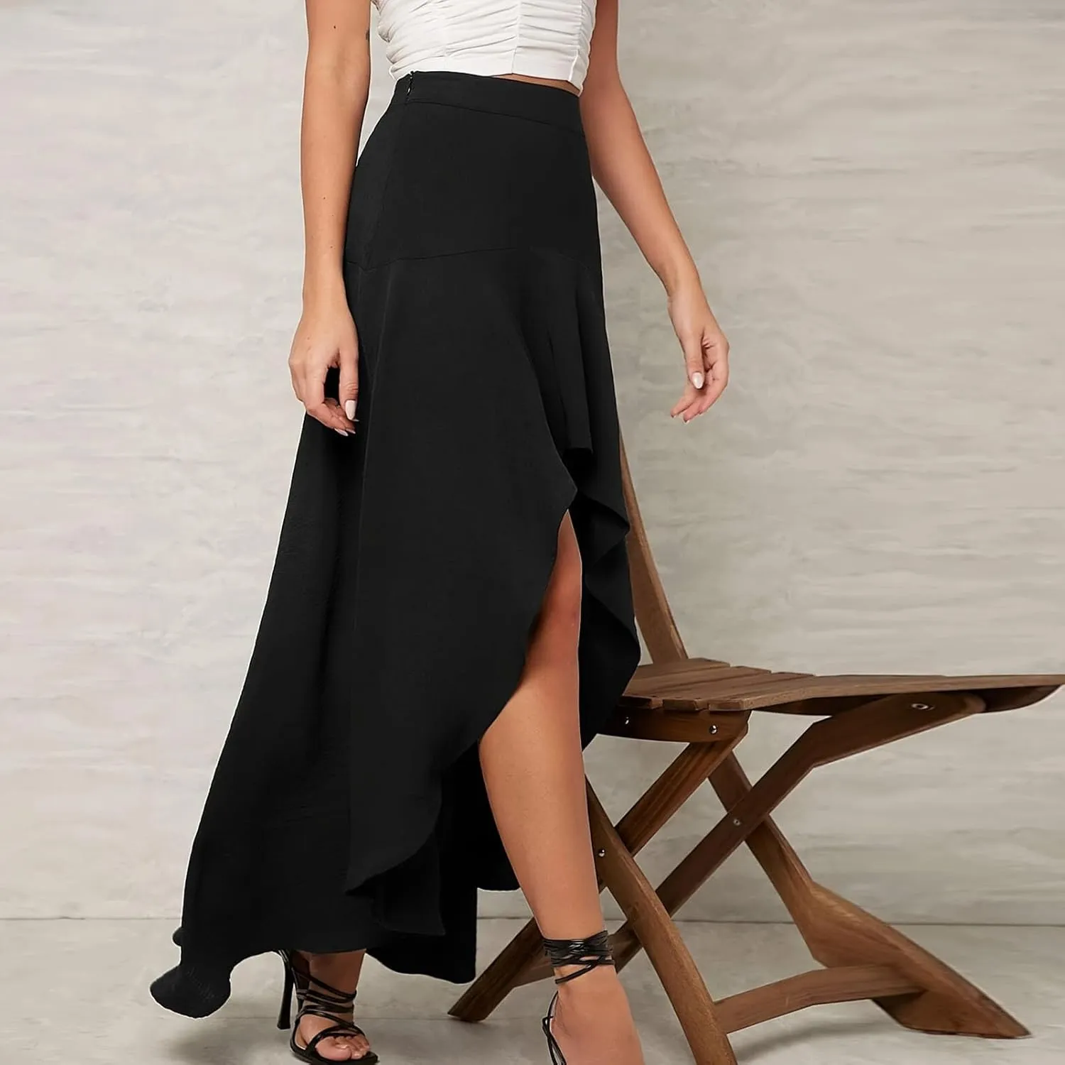 Tulle Skirts for Women Elastic Waist Asymmetrical High Low Flared Maxi Skirt Trendy Mesh Slit Party A-line Skirts