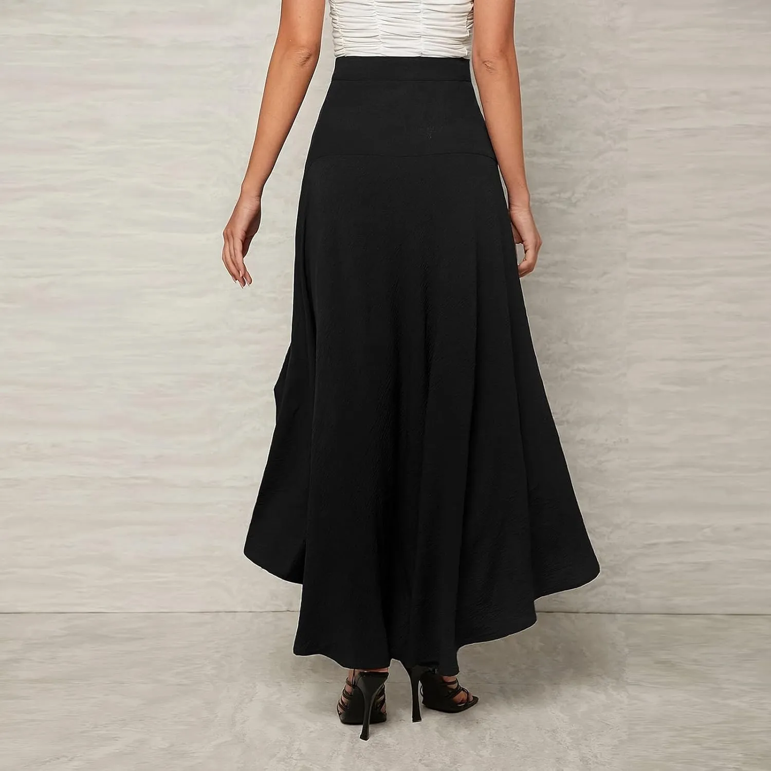 Tulle Skirts for Women Elastic Waist Asymmetrical High Low Flared Maxi Skirt Trendy Mesh Slit Party A-line Skirts