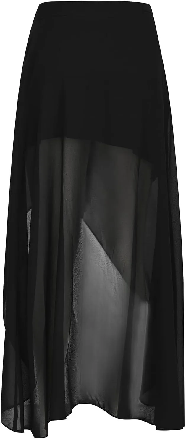 Tulle Skirts for Women Elastic Waist Asymmetrical High Low Flared Maxi Skirt Trendy Mesh Slit Party A-line Skirts