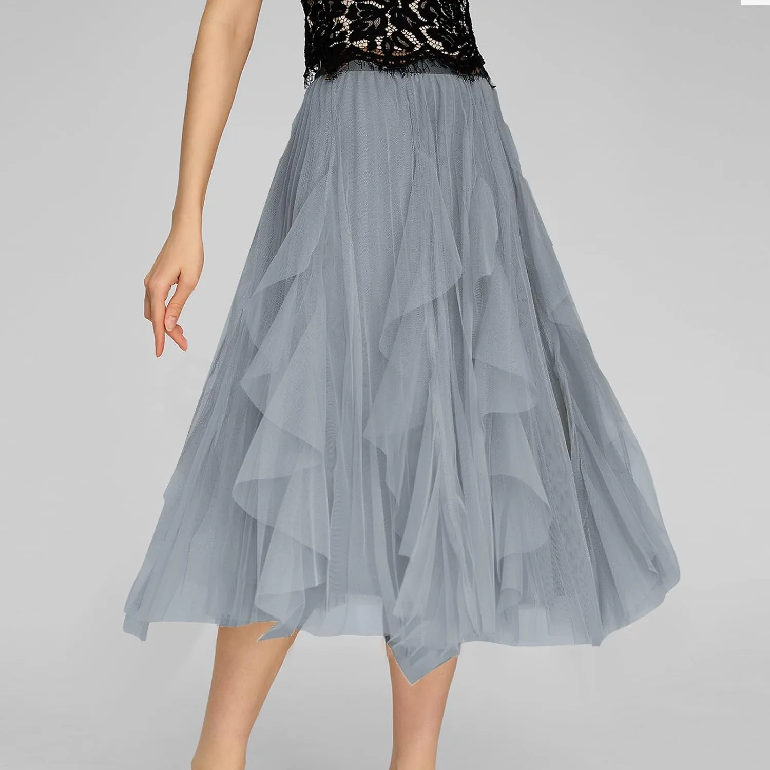 Tulle Skirts for Women Tutu Fairy Tiered Skirt A Line Swing Layered Ruffle Mesh Elastic High Waist Party Midi Skirts