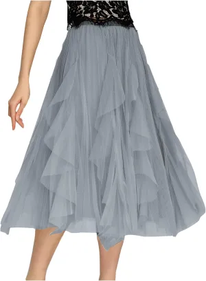 Tulle Skirts for Women Tutu Fairy Tiered Skirt A Line Swing Layered Ruffle Mesh Elastic High Waist Party Midi Skirts