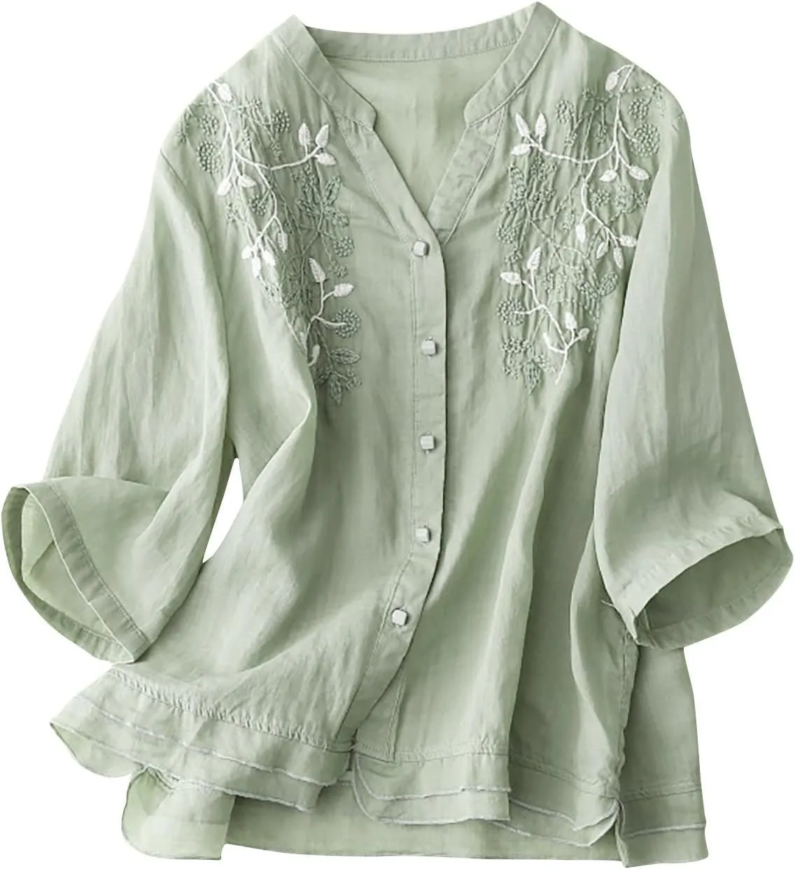 Tunic Tops for Women Loose Fit,Womens Floral Embroidery Linen Shirts 3/4 Sleeve V Neck Tees Cute Summer Flowy Blouse