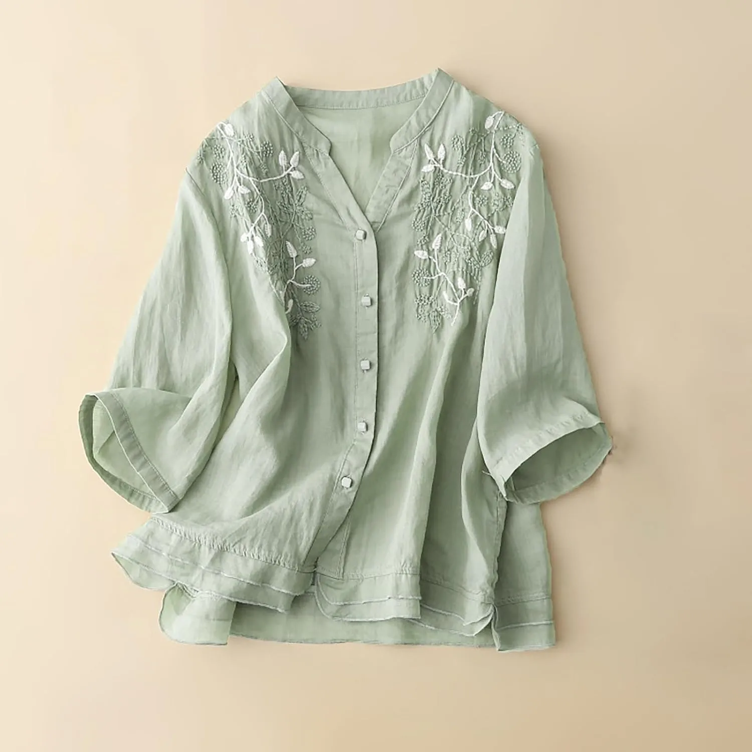 Tunic Tops for Women Loose Fit,Womens Floral Embroidery Linen Shirts 3/4 Sleeve V Neck Tees Cute Summer Flowy Blouse