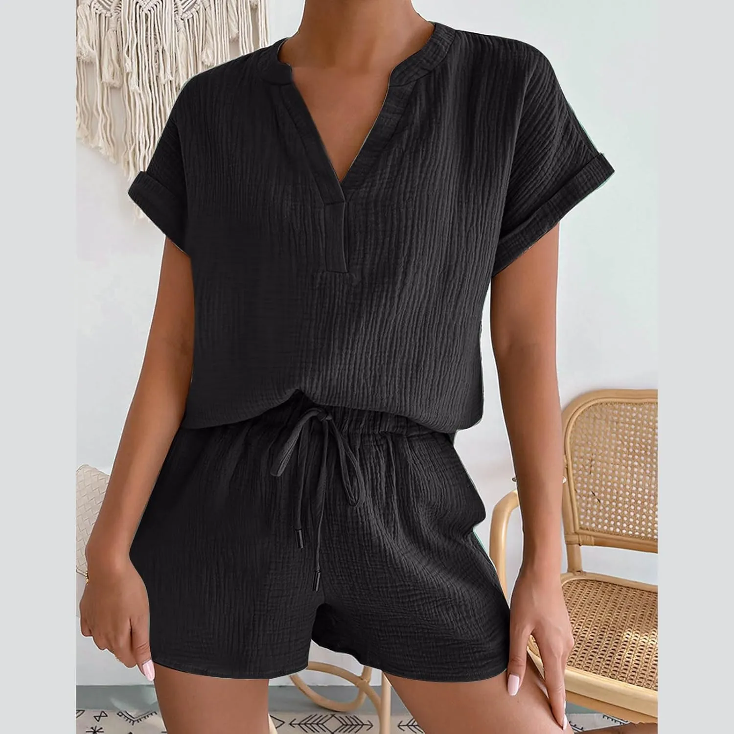Two Piece Lounge Set for Women Casual Short Sleeve V Neck Tops and Elastic Waist Shorts 2025 Resort Wear Sweatsuit