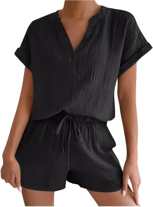 Two Piece Lounge Set for Women Casual Short Sleeve V Neck Tops and Elastic Waist Shorts 2025 Resort Wear Sweatsuit