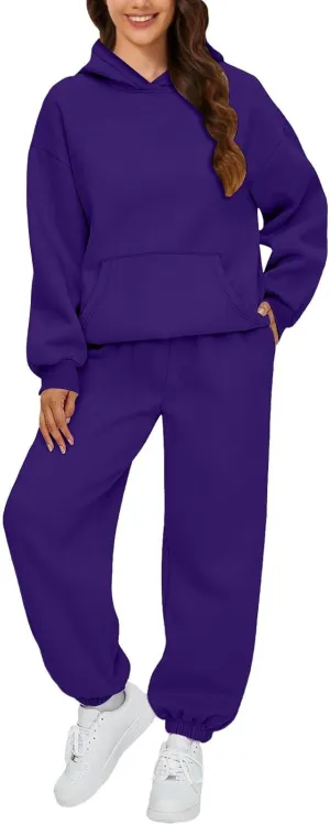 Two Piece Sets for Women Fall Long Sleeve Oversized Hoodies Solid Outfits Fall Sweatsuit Sets with Sweatpants Sets