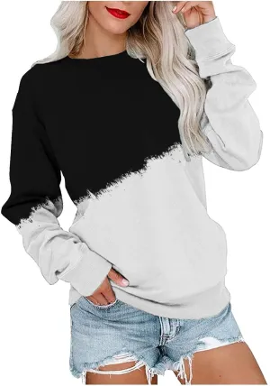 UQRZAU Women'S Colorblock Sweatshirt Long Sleeve Round Neck Casual Comfortable Loose Lightweight