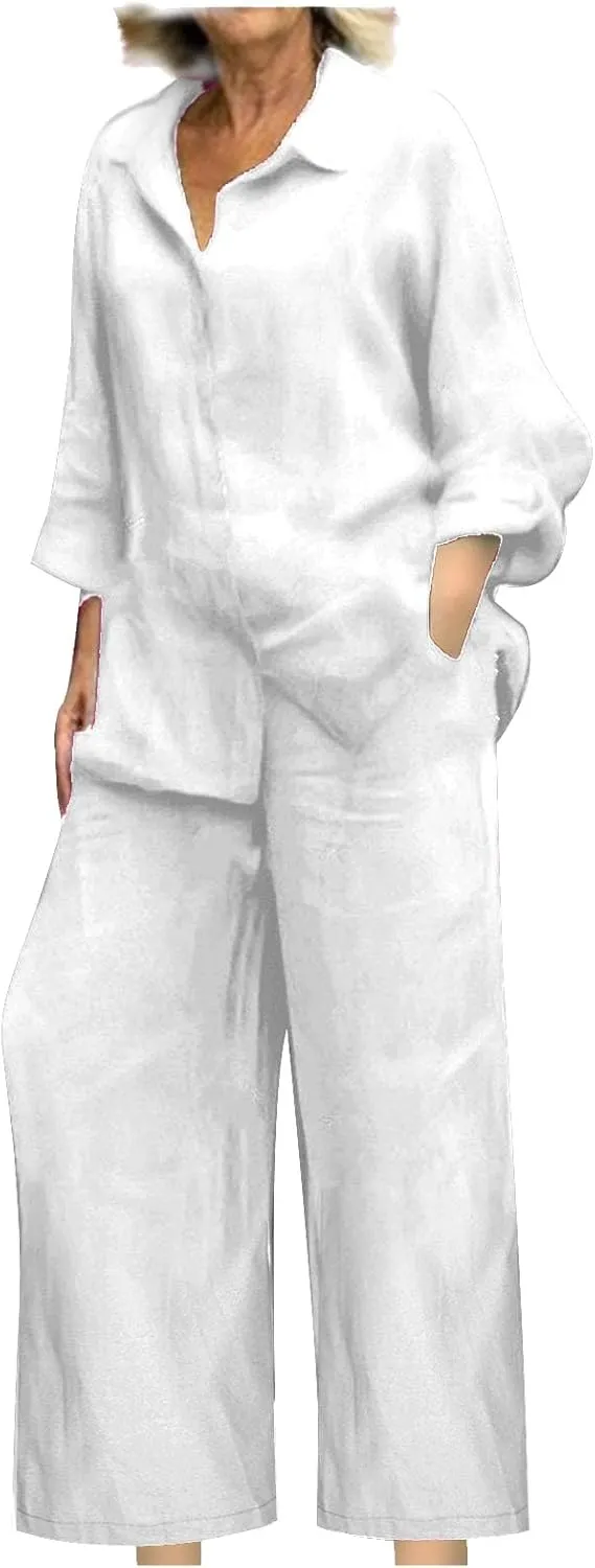 Vacation Outfits for Women Cotton Linen 2 Piece Sets Loose Shirts Wide Leg Pant Matching Set Spring Summer 2025