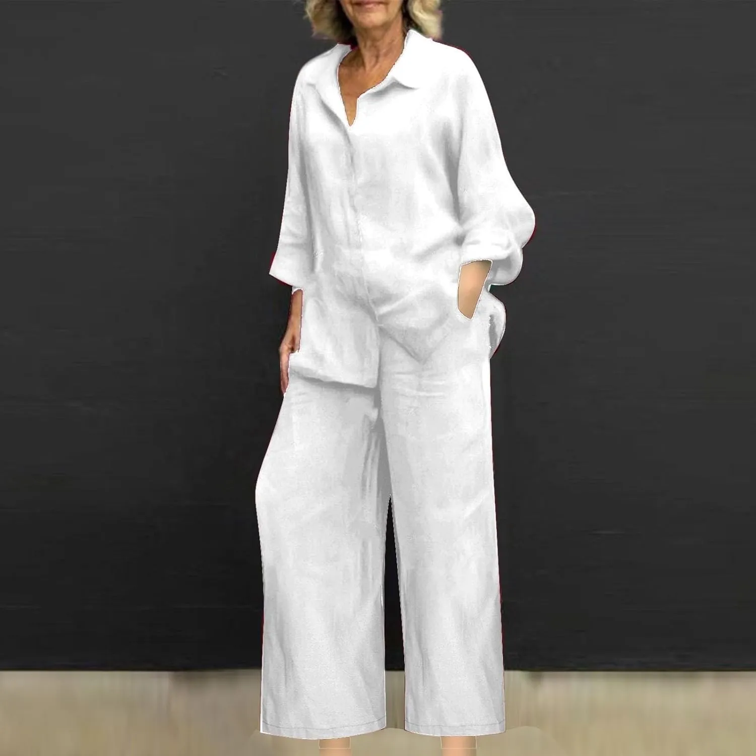 Vacation Outfits for Women Cotton Linen 2 Piece Sets Loose Shirts Wide Leg Pant Matching Set Spring Summer 2025