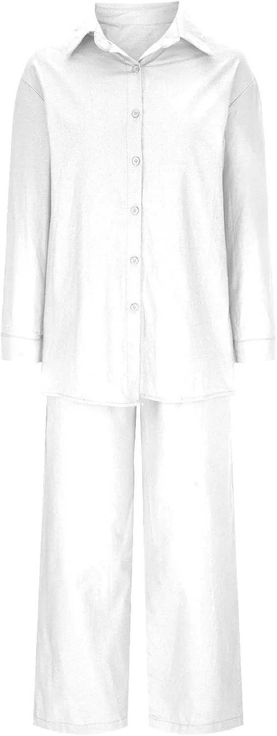 Vacation Outfits for Women Cotton Linen 2 Piece Sets Loose Shirts Wide Leg Pant Matching Set Spring Summer 2025