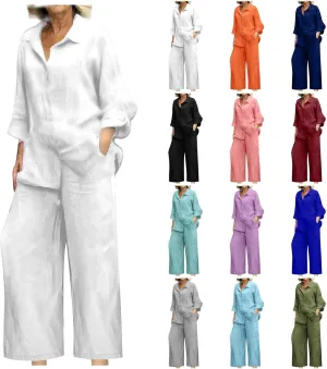 Vacation Outfits for Women Cotton Linen 2 Piece Sets Loose Shirts Wide Leg Pant Matching Set Spring Summer 2025
