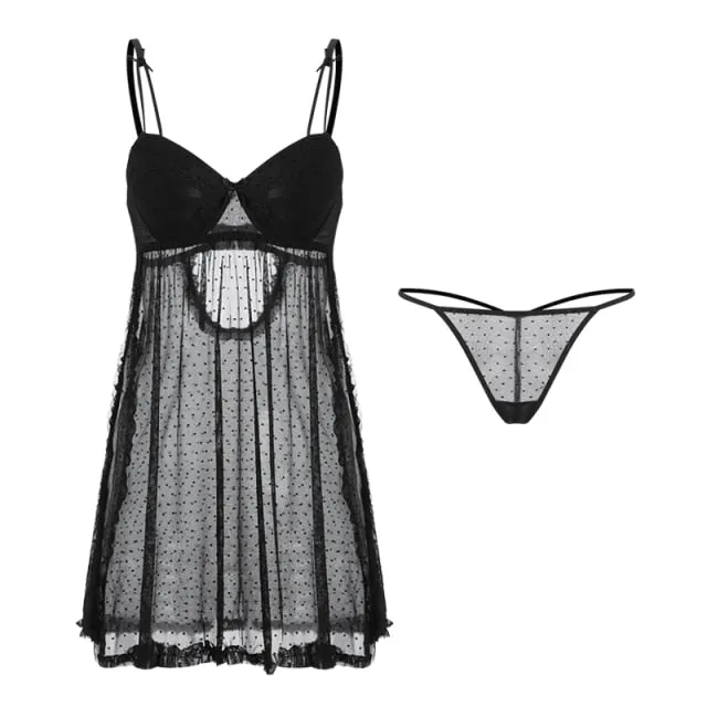 VenusFox Night Gown Thong Night Wear Dotted Dress Pijama For Women Lingerie Femme Hot Sexy Intimates Underwear & Sleepwears