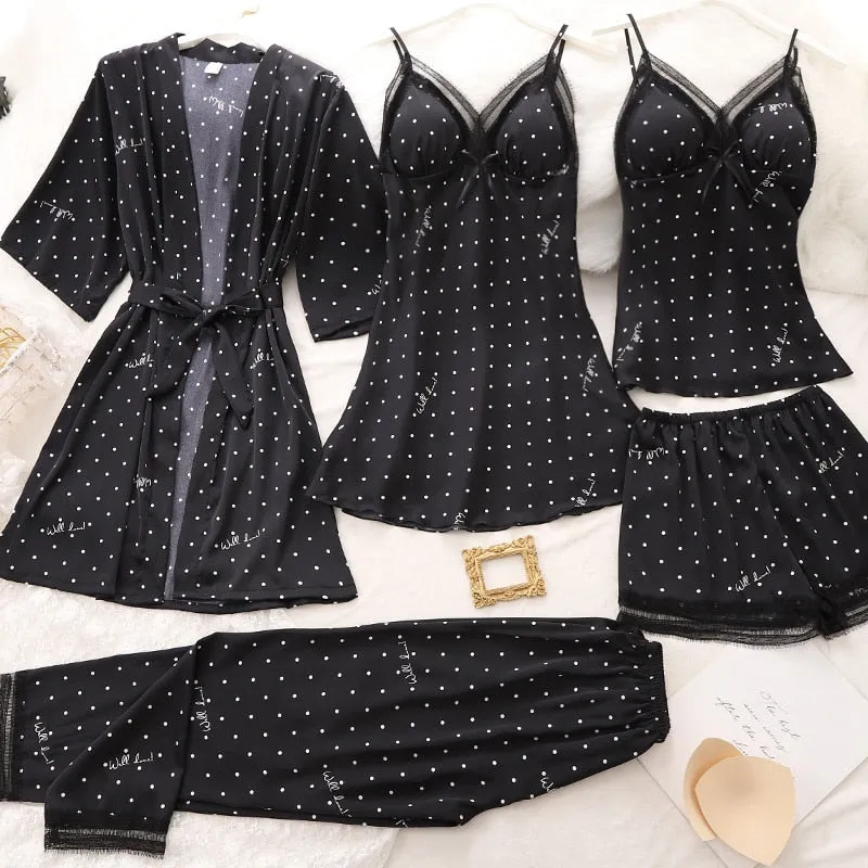 VenusFox Spring New 5PCS Pajamas Sets Sexy Womens Strap Top&Pants Sleepwear Sleep Suit Casual Satin Lace Print Pijamas Intimate Lingerie