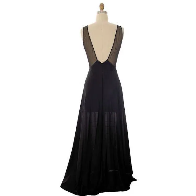 Vintage Black Nylon Full Length Negligee Blanche by Ralph Montenero 1970s L