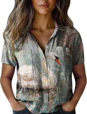 Vintage Boho Tops for Women Button Up Blouses Cotton Short Sleeve Colorful Stripe Print V Neck Collared Tops Fashion 2025